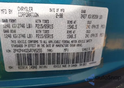 1998 Plymouth Grand Voyager Se z USA, uszkodzony, nr VIN 2P4GP44G2WR705255